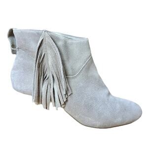 AEO Women’s 9 Suede Fringe Booties Tan Almond Toe Western Boho Stacked Heel